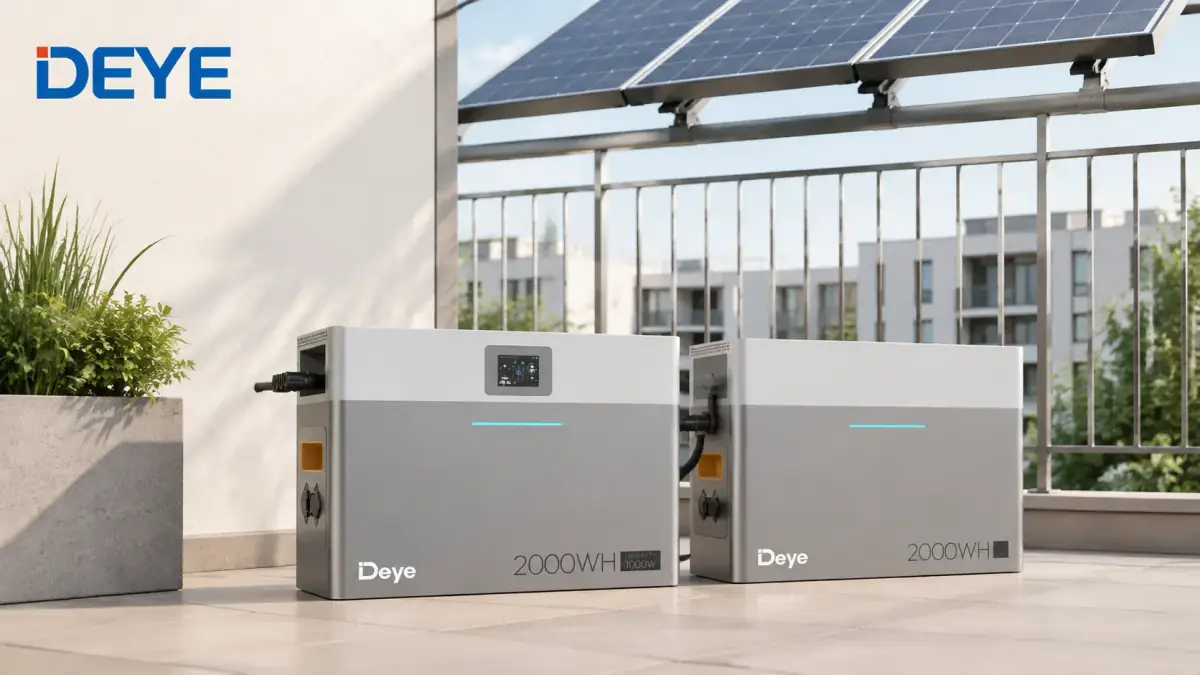Set Deye de stocare a energiei solare pentru balcon, cu două baterii de 2 kWh și panouri fotovoltaice.