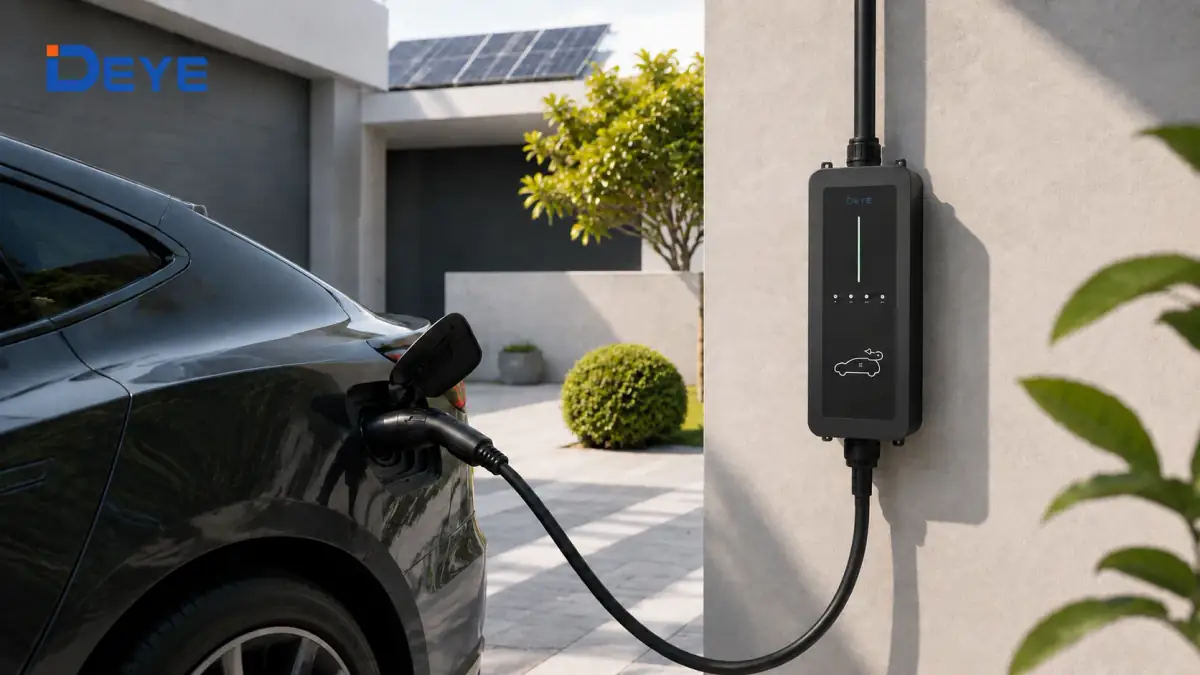 Încărcător auto Deye Smart Wallbox conectat la o mașină electrică, lângă o locuință modernă cu panouri solare.