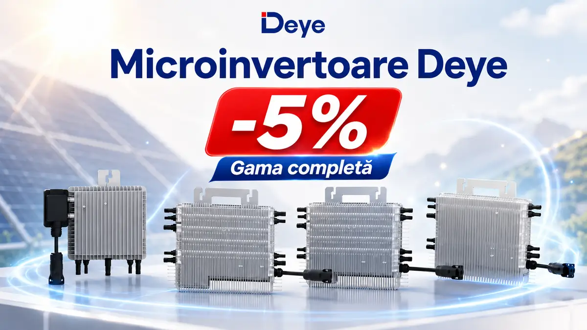 Banner Deye cu patru microinvertoare, panouri solare, reducere -5% și mesajul „Gama completă”.