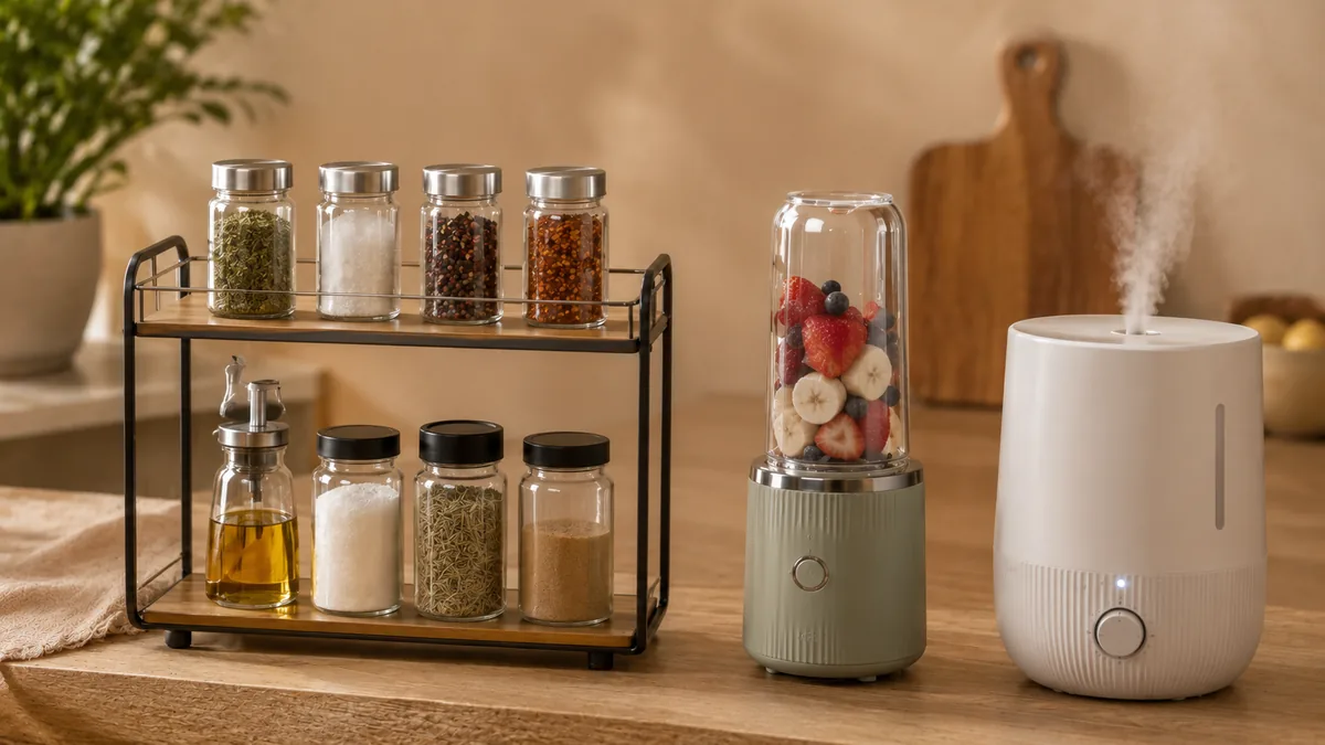 Etajeră cu recipiente pentru condimente, mini blender și umidificator pe un blat de bucătărie modern, evidențiind o ofertă avantajoasă pentru casă.