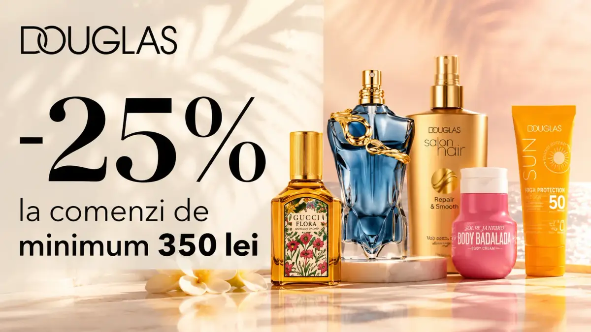 Banner Douglas cu reducere de 25% la comenzi de minimum 350 lei, cu parfumuri, produse pentru păr, îngrijirea corpului și protecție solară.