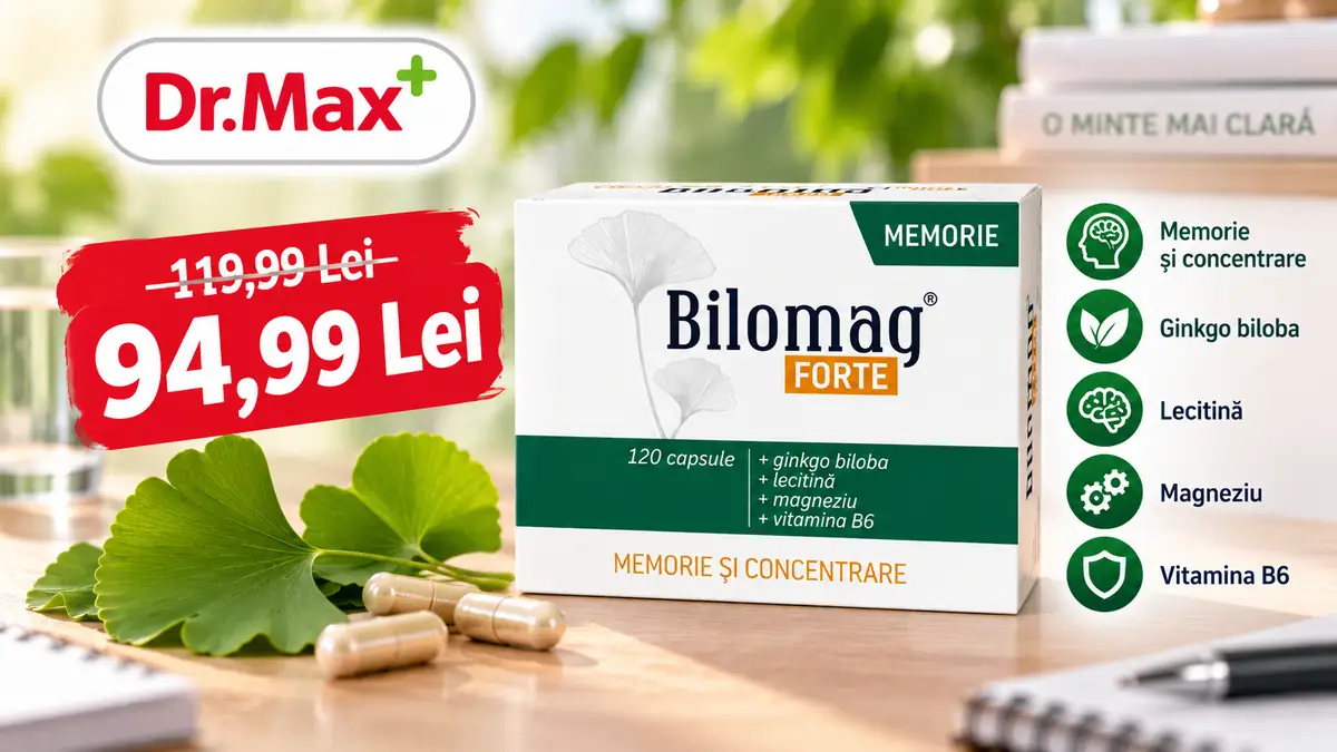 Bilomag Forte 120 capsule, cu frunze de ginkgo și preț promoțional 94,99 Lei, într-un vizual Dr.Max.