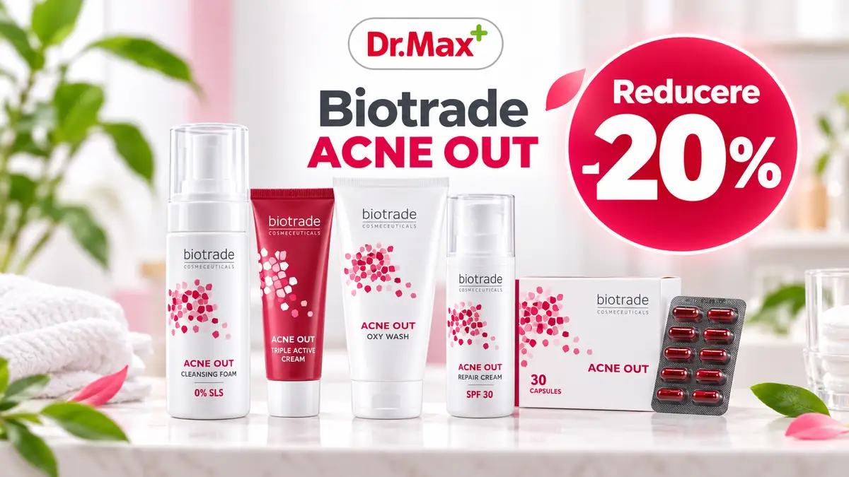 Produse Biotrade Acne Out de la Dr. Max, alături de un badge mare cu reducere de 20%.