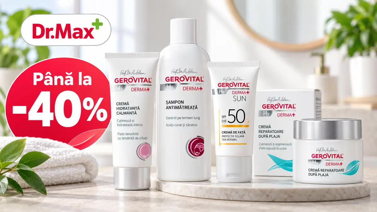 Produse Gerovital H3 Derma+ pentru îngrijirea pielii și părului, promovate de Dr.Max cu reducere de până la 40%.