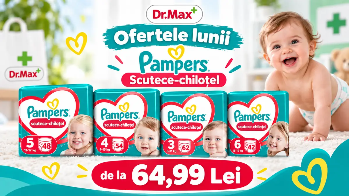 Oferte Dr. Max la scutece-chiloțel Pampers, patru mărimi, bebeluș zâmbitor și preț de la 64,99 lei.