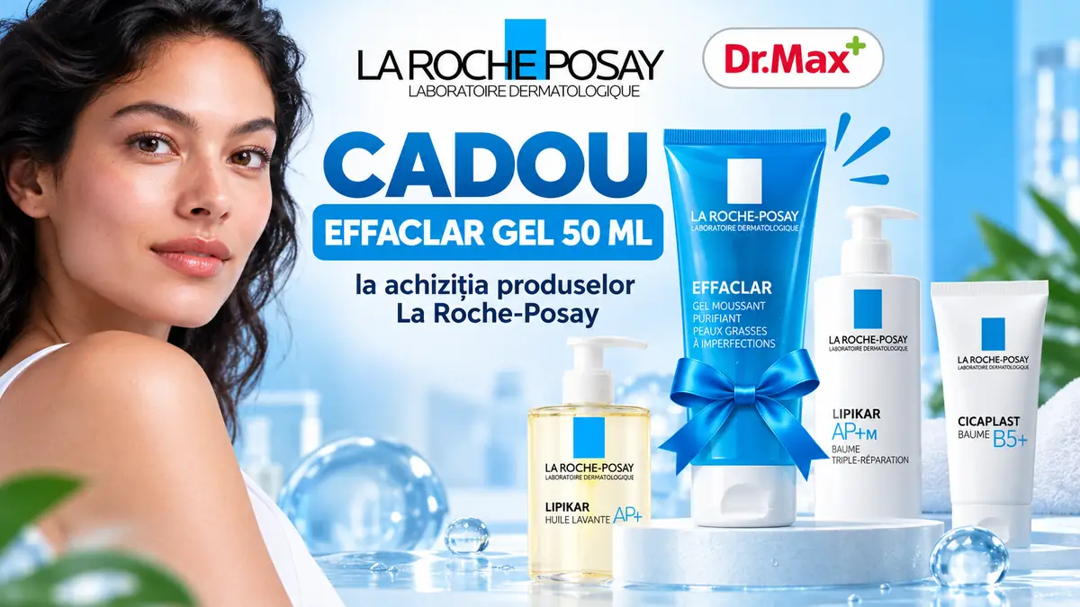 Femeie alături de produse La Roche-Posay, cu Effaclar Gel 50 ml evidențiat ca produs cadou la Dr. Max.