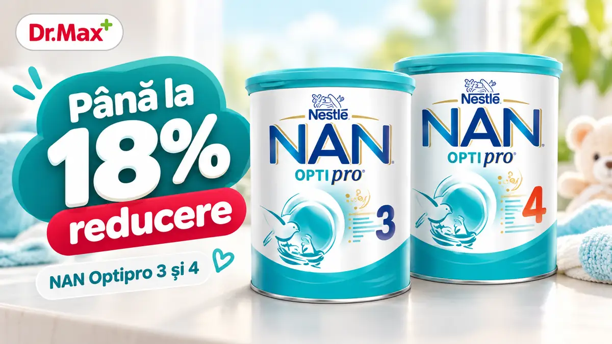 Imagine promoțională Dr. Max cu două cutii Nestlé NAN Optipro 3 și 4 și mesajul „Până la 18% reducere”.