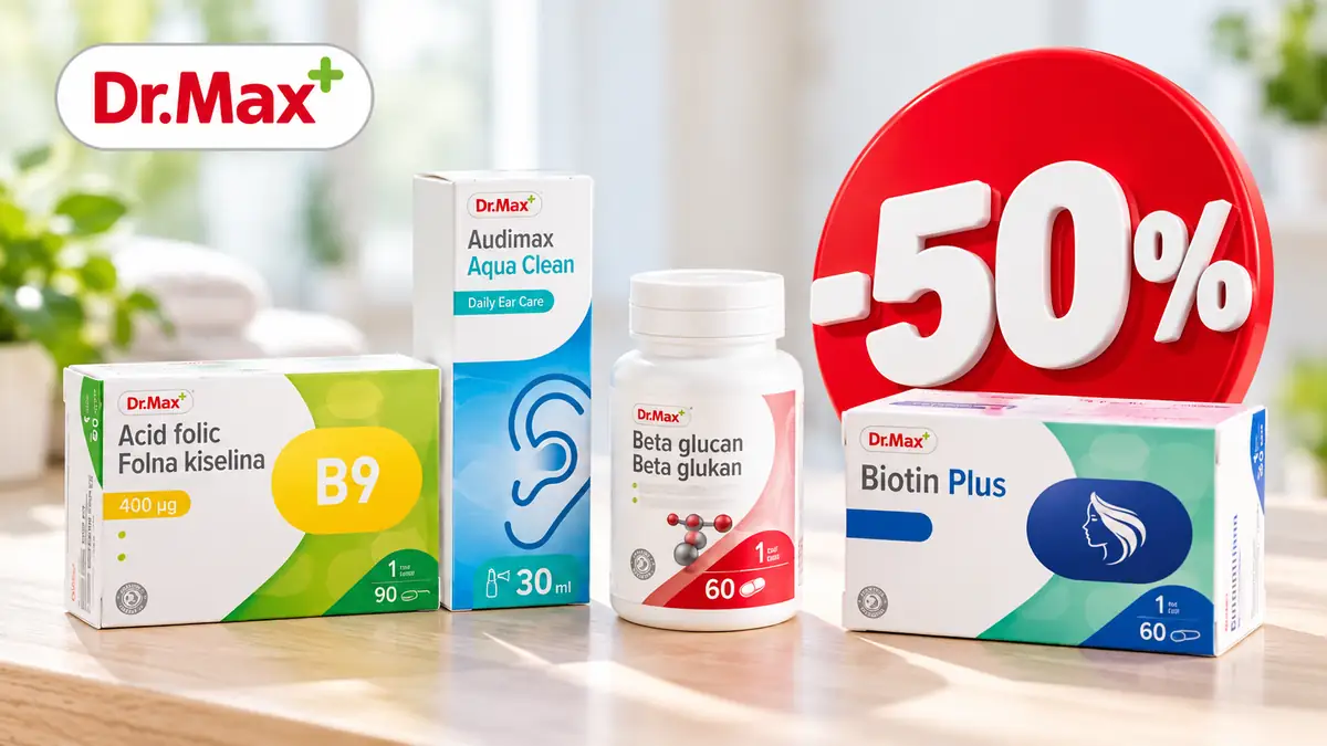 Produse marca proprie Dr. Max, inclusiv vitamine și suplimente, prezentate într-o ofertă promoțională cu reducere de 50%.
