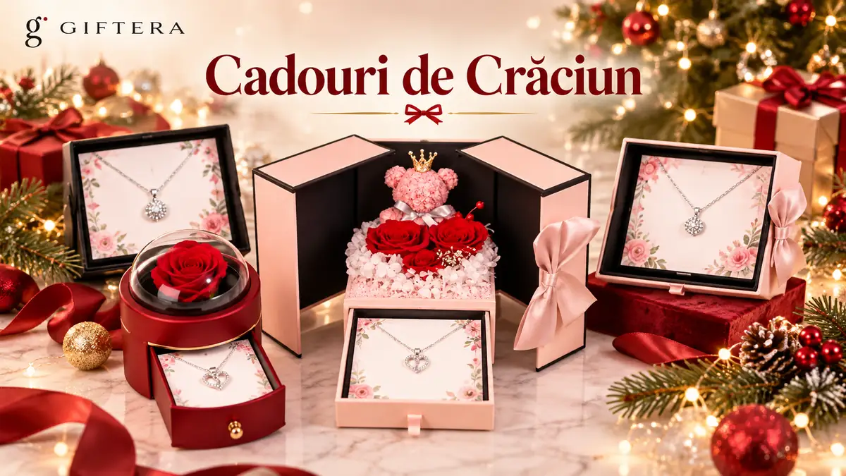 Seturi cadou Giftera de Crăciun, cu lănțișoare, trandafiri roșii, ursuleți și cutii elegante cu mesaje personalizate.