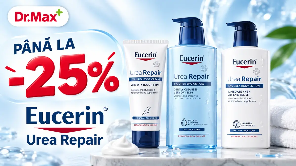 Produse Eucerin Urea Repair pentru îngrijirea pielii, promovate la Dr. Max cu reducere de până la 25%.