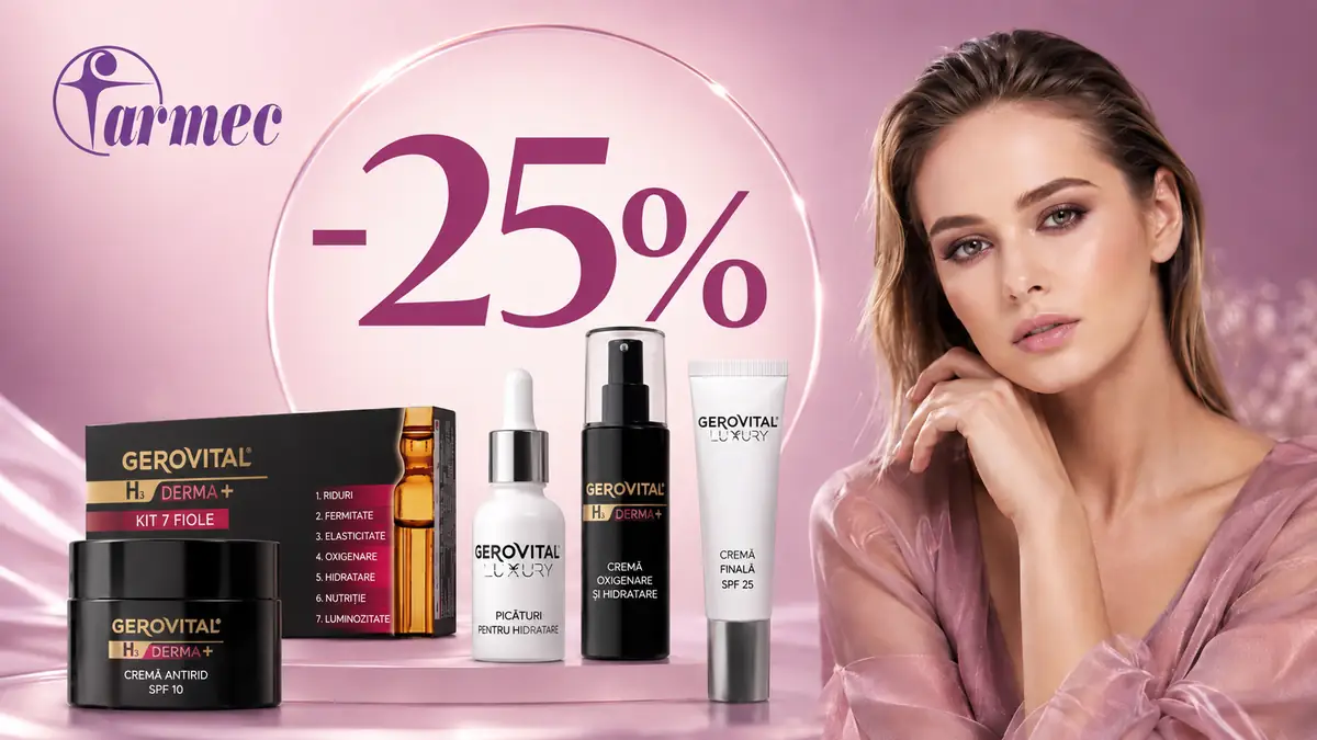 Banner promo Farmec cu -25%, produse Gerovital Luxury și H3 Derma+, model pe fundal roz.