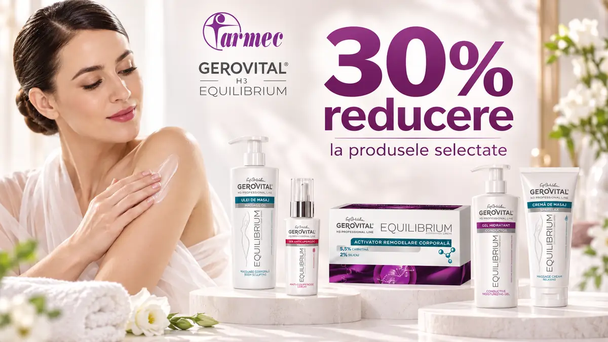 Femeie aplicând cremă, alături de produse Gerovital H3 Equilibrium și mesajul „30% reducere”.