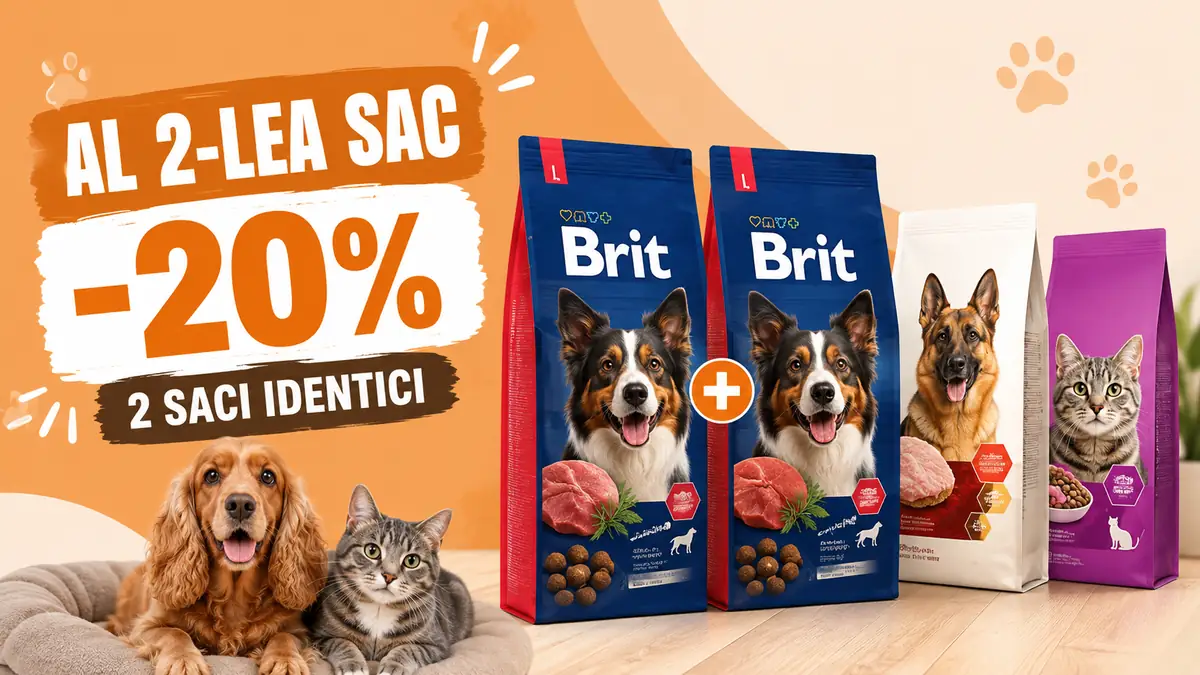 Ofertă Fera cu doi saci identici de hrană pentru animale și 20% reducere la al doilea sac.