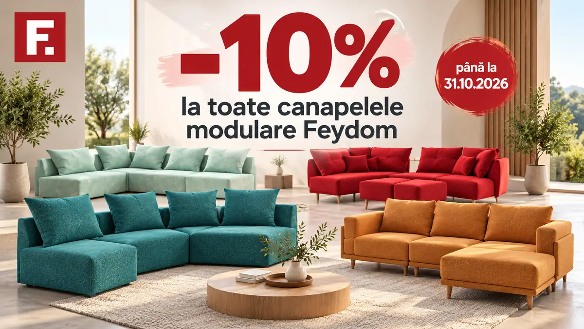 Canapele modulare Feydom în diverse culori, cu 10% reducere la toate modelele, ofertă valabilă până pe 31 octombrie 2026.