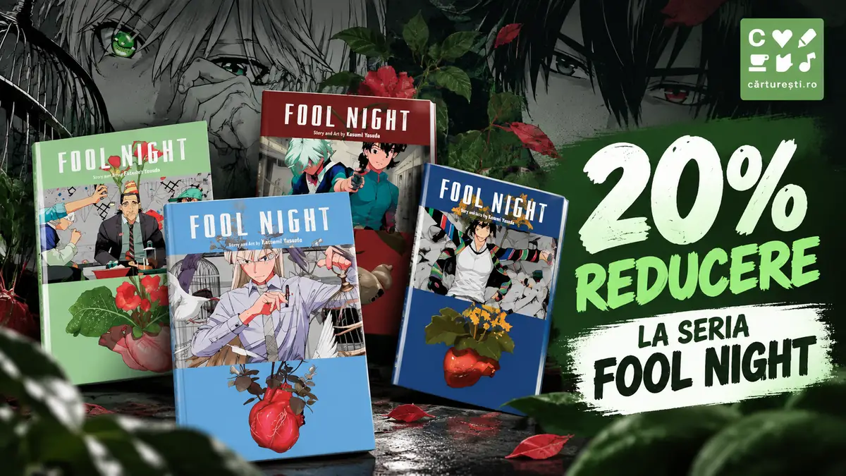 20% reducere la seria manga Fool Night la Cărturești, cu patru volume ilustrate într-un decor întunecat.