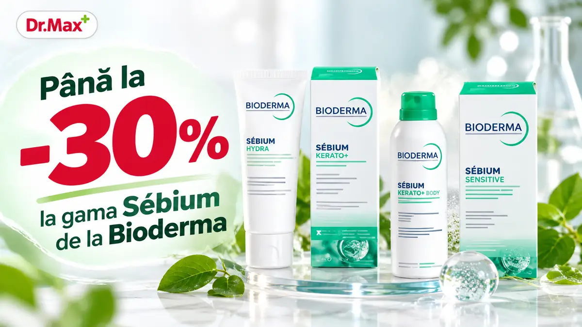 Promo Dr. Max cu produse Bioderma Sébium și mesajul „Până la -30% la gama Sébium de la Bioderma”.