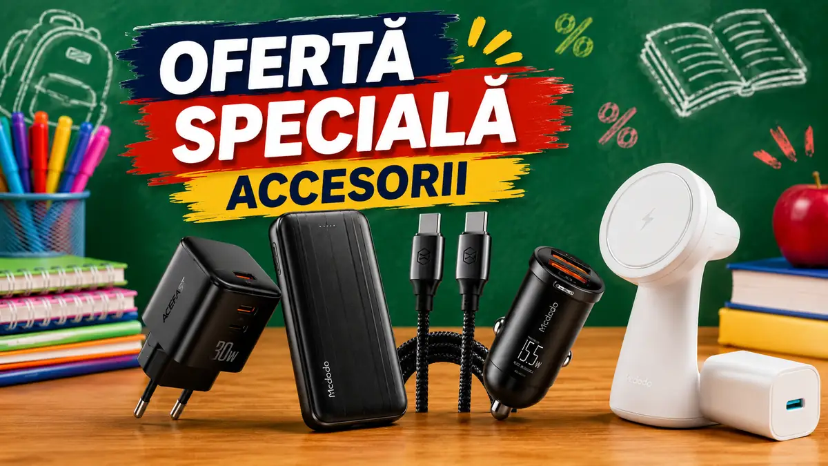 Ofertă specială la accesorii mobile, cu încărcătoare, baterie externă, cabluri USB-C și suport de încărcare.