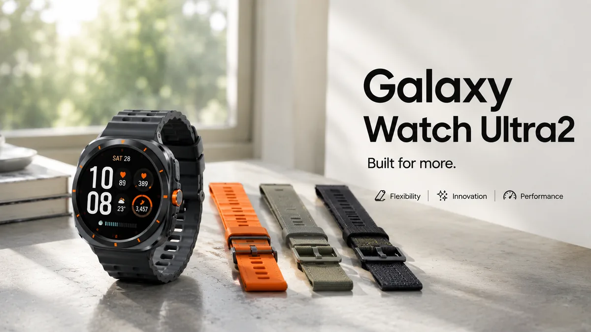 Galaxy Watch Ultra 2 plus 3 curele de diferite culori.
