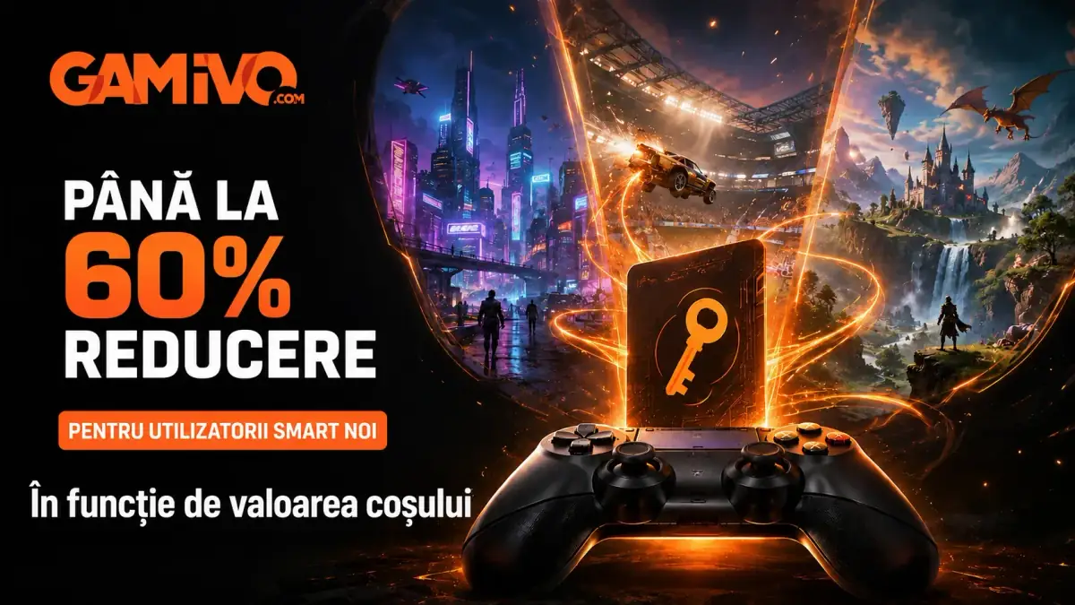 Ofertă GAMIVO cu până la 60% reducere pentru utilizatorii SMART noi, ilustrată printr-un controller și lumi spectaculoase de gaming.