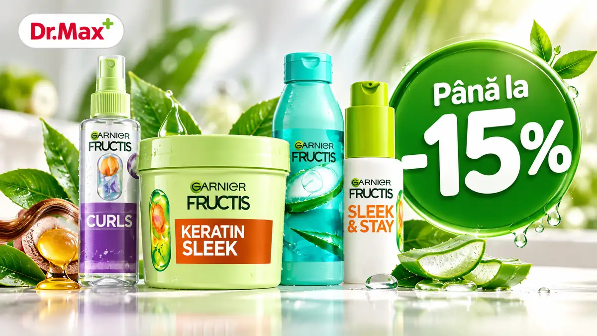 Produse Garnier Fructis pentru îngrijirea părului, disponibile la Dr. Max cu până la 15% reducere.