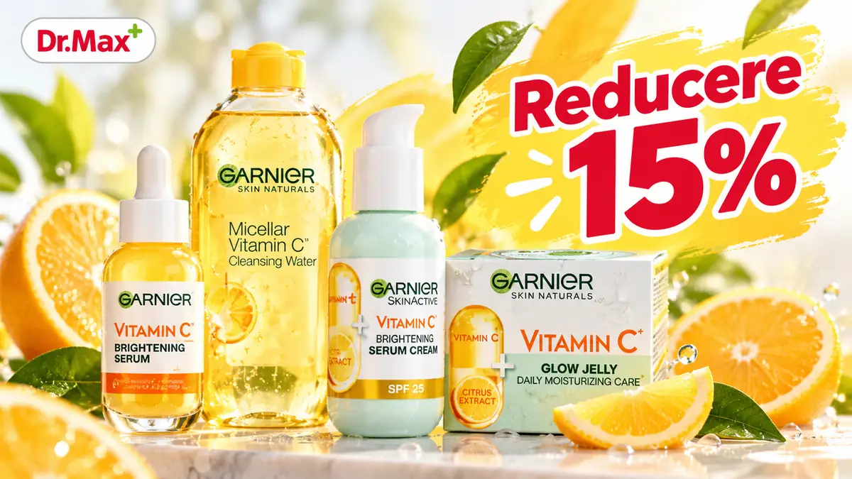 Produse Garnier Vitamin C pentru îngrijirea tenului, prezentate cu citrice și mesaj „Reducere 15%” la Dr. Max.