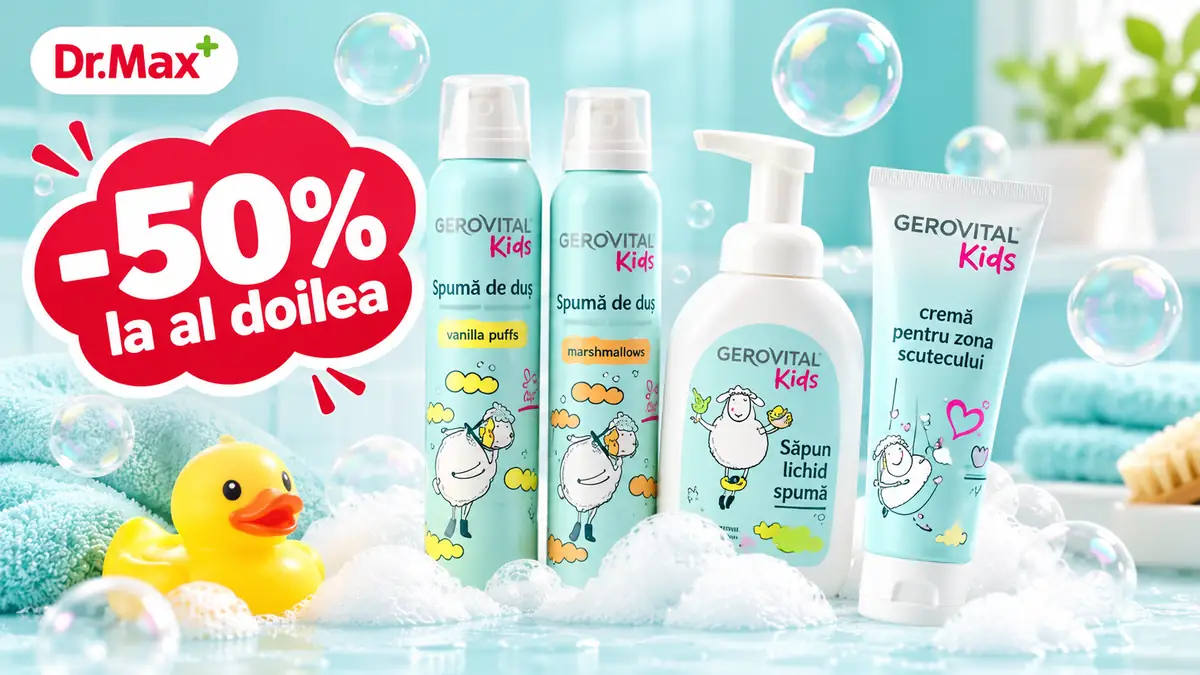 Produse Gerovital Kids pentru baie și îngrijire, la Dr. Max, cu până la 50% reducere la al doilea produs.