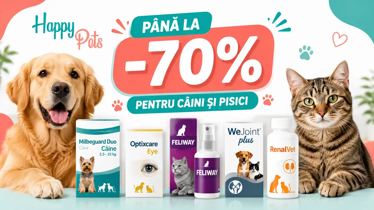 Reducere de până la 70% la produse Happy Pets pentru câini și pisici, cu animale și produse veterinare.