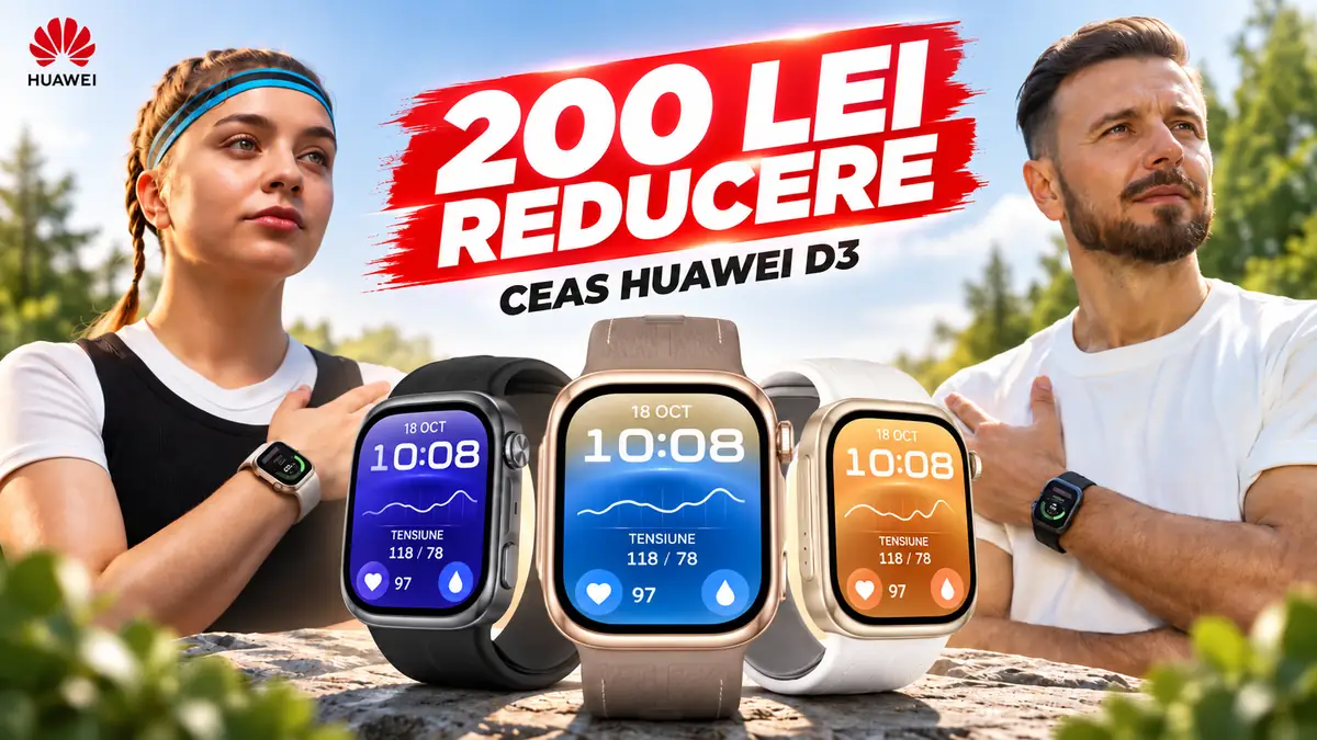 Reducere de 200 lei la Huawei Watch D3, ceas inteligent cu monitorizarea tensiunii arteriale, disponibil în mai multe culori.