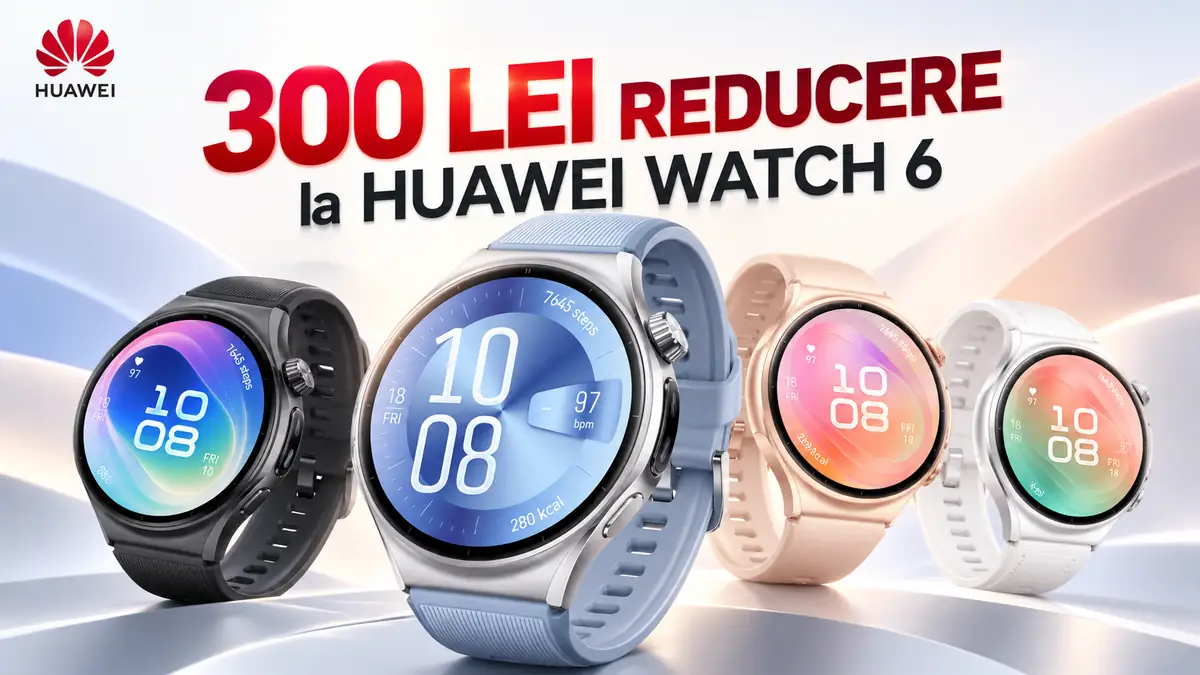 Huawei Watch 6 în patru culori, cu reducere de 300 lei folosind codul promoțional Huawei.