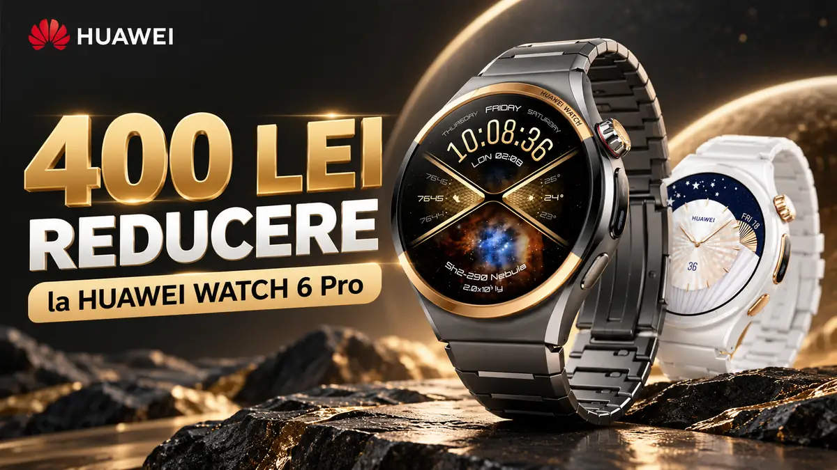 Huawei Watch 6 Pro în variante negru și alb, cu reducere de 400 lei prin cod promoțional, pe fundal elegant.