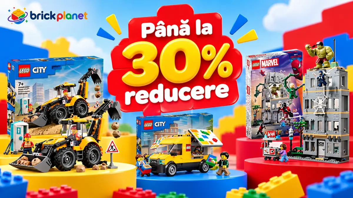 Până la 30% reducere la seturi LEGO City și Marvel la Brick Planet, cu excavator, furgonetă și supereroi.