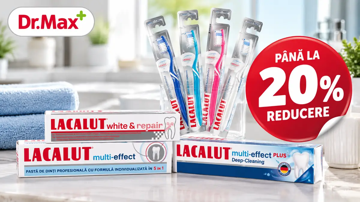 Produse Lacalut pentru igiena orală, cu pastă de dinți și periuțe, promovate la Dr. Max cu până la 20% reducere.