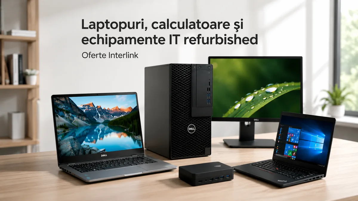 Ofertă Interlink la laptopuri, calculatoare și echipamente IT refurbished, prezentate într-un birou modern și profesional.