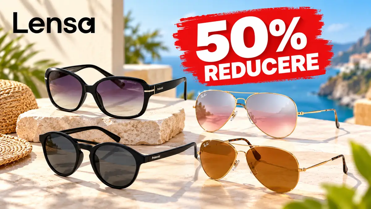 Ochelari de soare Lensa, modele negre și aviator, prezentați într-un decor luminos, cu mesajul „50% reducere”.