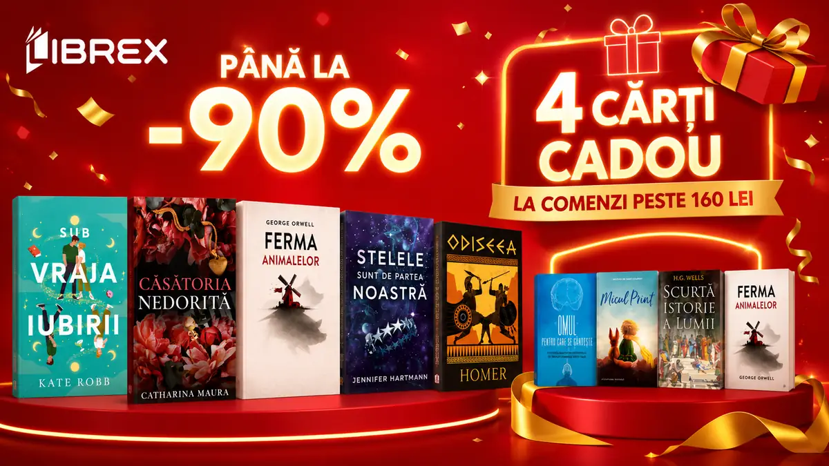 Banner Librex aniversar cu reducere de până la 90%, 4 cărți cadou peste 160 lei și cărți expuse.
