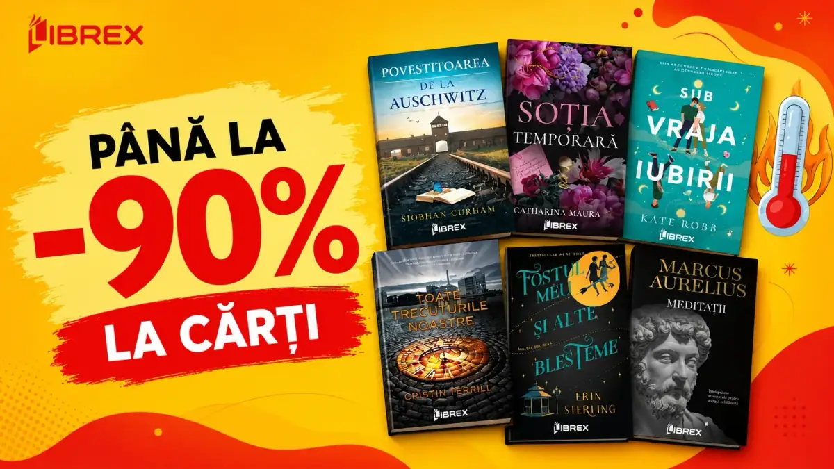 Reduceri de până la 90% la cărți Librex, cu o selecție de titluri populare prezentate pe fundal galben și roșu.