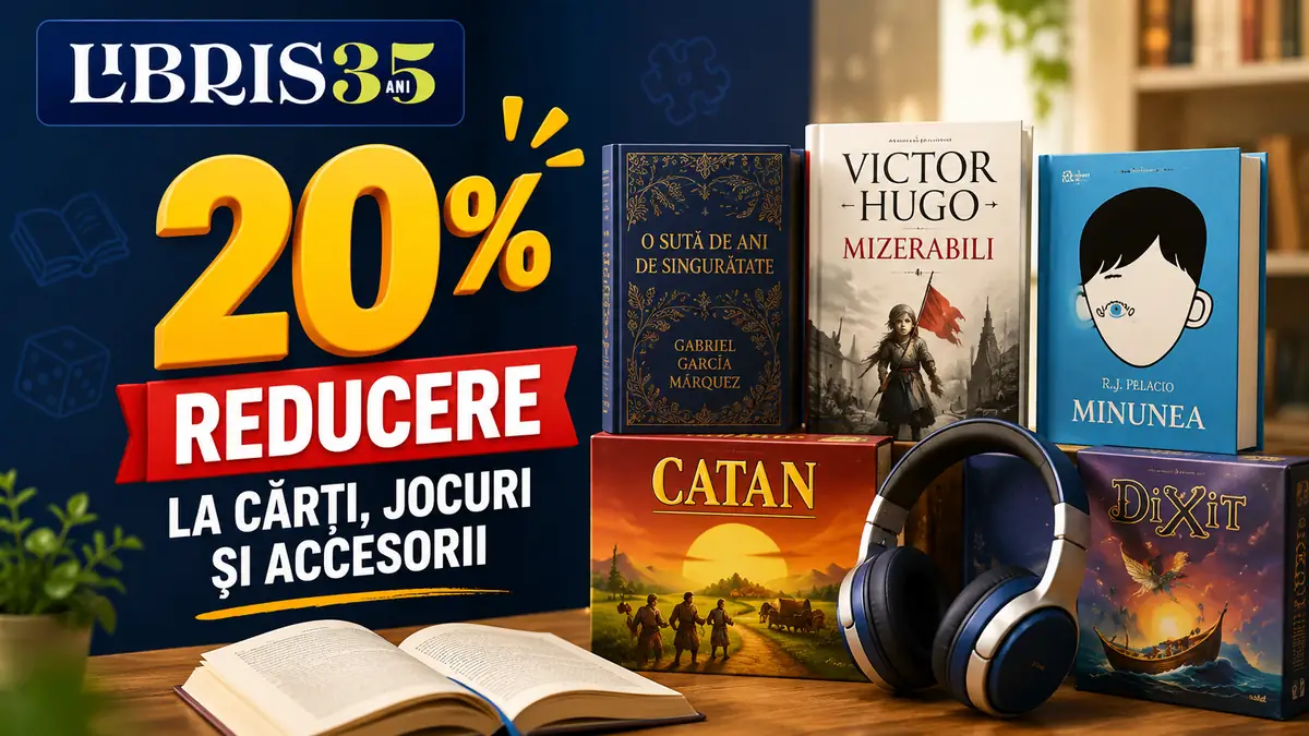 Banner Libris cu reducere 20% la cărți, jocuri și accesorii, ilustrat cu volume, jocuri și căști.