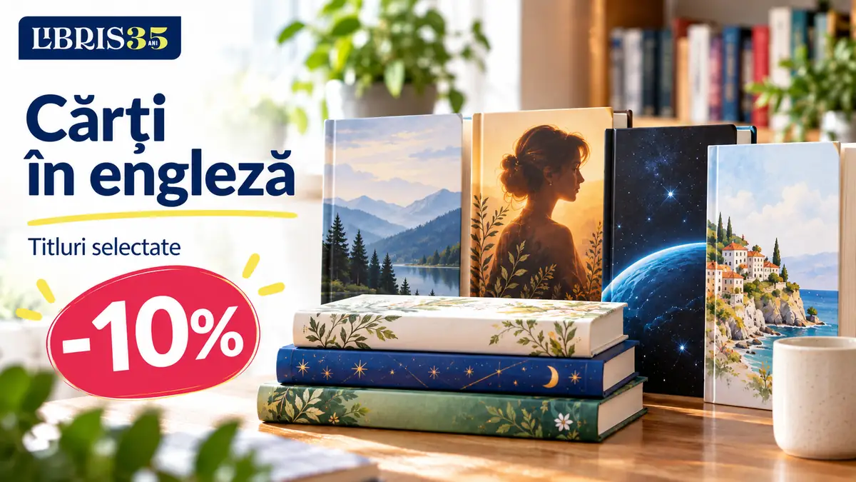 Cărți în limba engleză Libris, aranjate pe masă, cu reducere de 10% pentru titluri selectate.