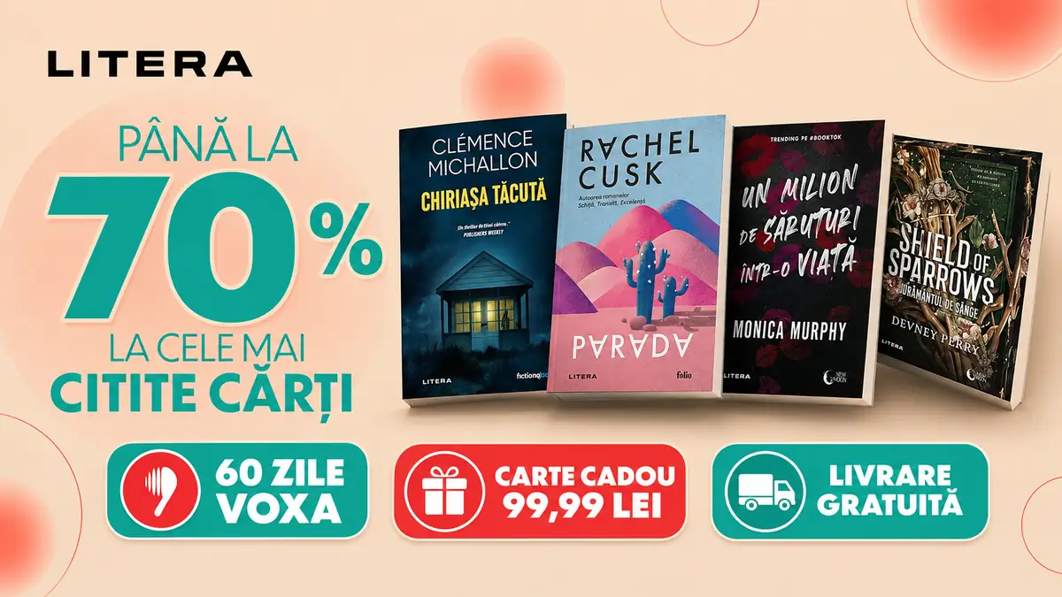 Banner Litera cu reduceri de până la 70%, patru cărți, 60 zile Voxa, carte cadou și livrare gratuită.