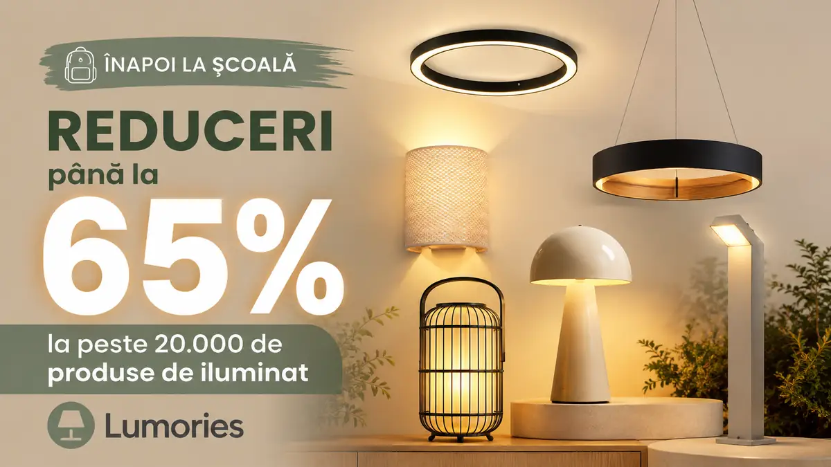 Reduceri de până la 65% la peste 20.000 de produse de iluminat Lumories, cu mai multe corpuri de iluminat moderne.