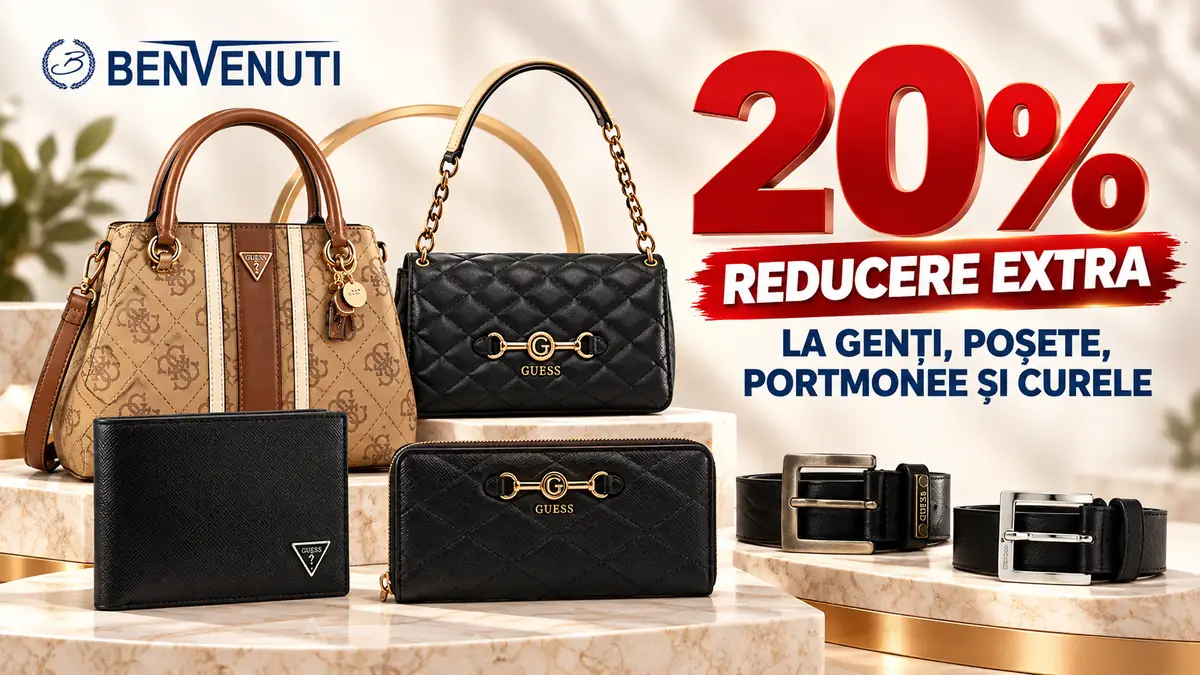 Genți, portmonee și curele Guess, prezentate într-un decor elegant, cu 20% reducere extra la Benvenuti.