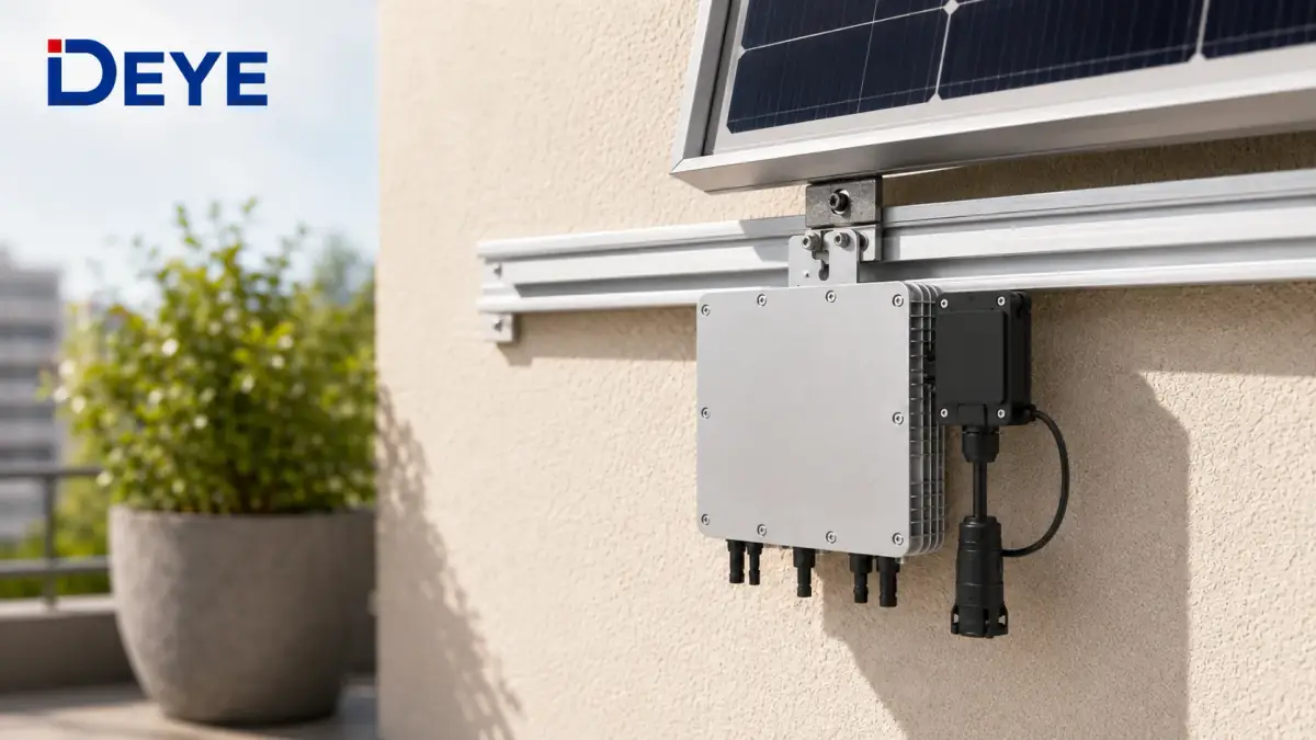 Microinvertor solar Deye montat sub un panou fotovoltaic pe balconul unei locuințe moderne.