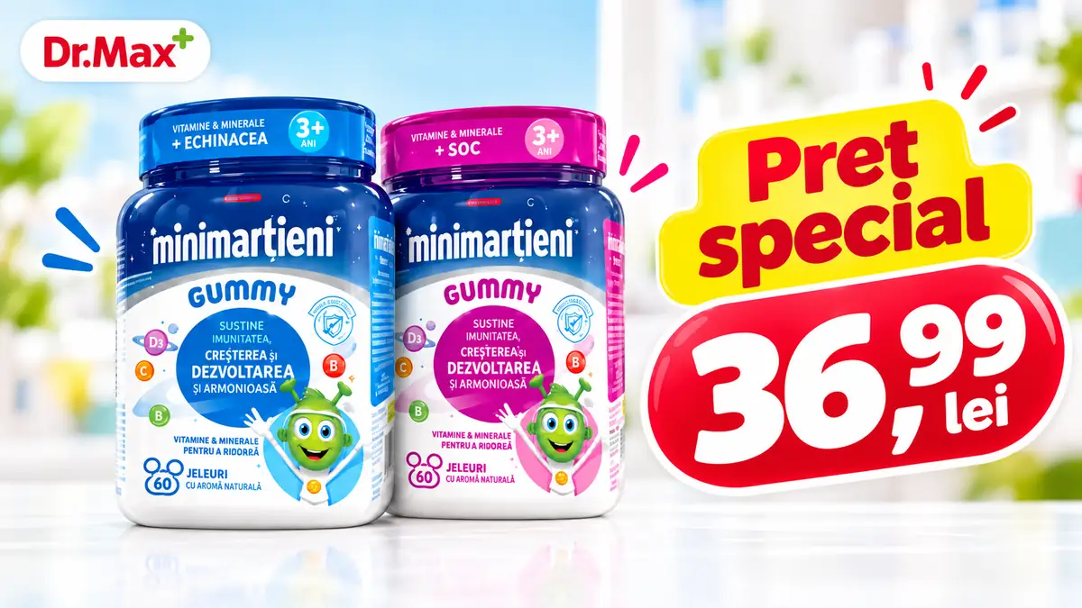 Mini Marțieni Gummy cu Echinacea și Soc, disponibile la Dr. Max la prețul special de 36,99 lei.