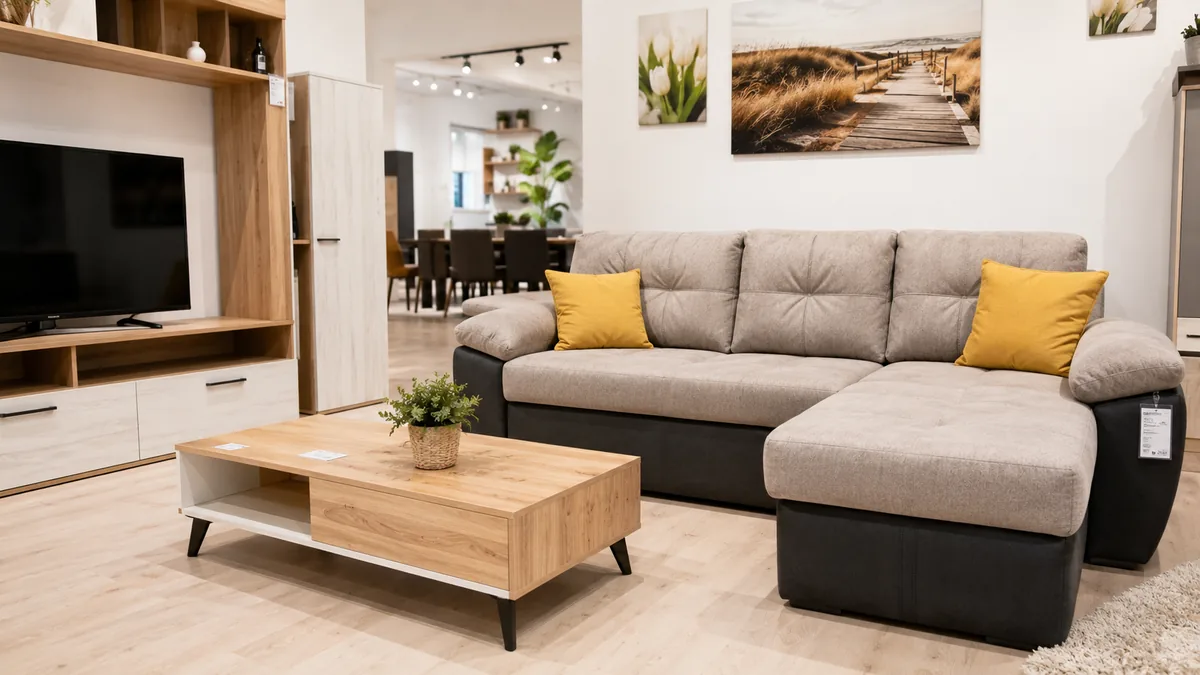 Living modern amenajat cu canapea, măsuță și mobilier expus în showroom, ilustrând oferta avantajoasă de mobilier outlet.
