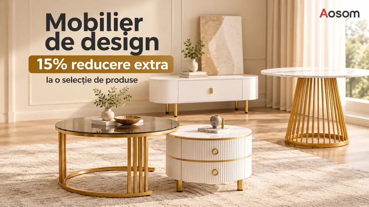 Mobilier de design Aosom, cu mese și comode moderne în alb și auriu, 15% reducere extra la o selecție de produse.