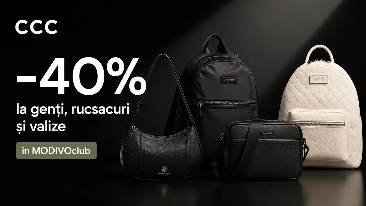 Banner CCC negru cu genți și rucsacuri, evidențiind reducerea de 40% pentru membrii MODIVOclub.