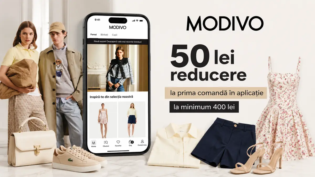 Ofertă Modivo cu 50 lei reducere în aplicație, smartphone, modele și articole fashion.