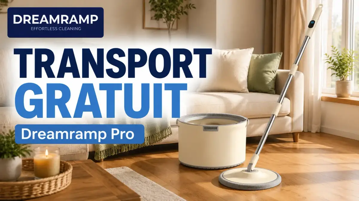 Mop rotativ Dreamramp Pro cu găleată electrică, prezentat într-un living modern, cu transport gratuit.