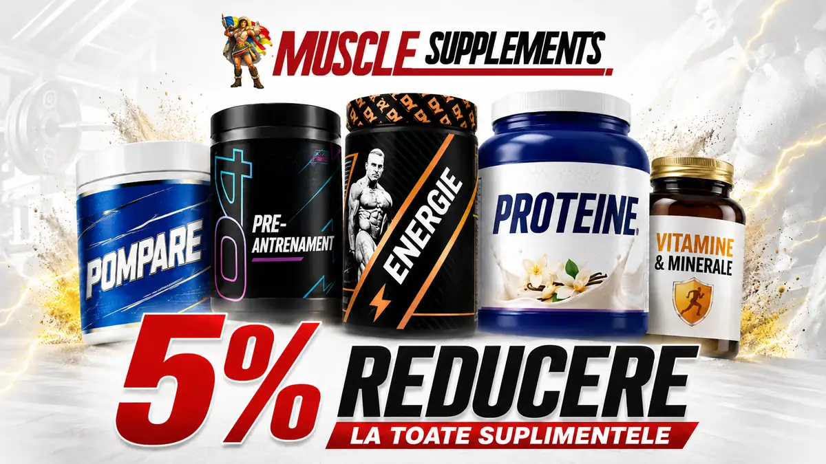 Alt text: Suplimente pentru sportivi Muscle Supplements, cu proteine, vitamine și produse pre-antrenament, promovate cu reducere de 5%.