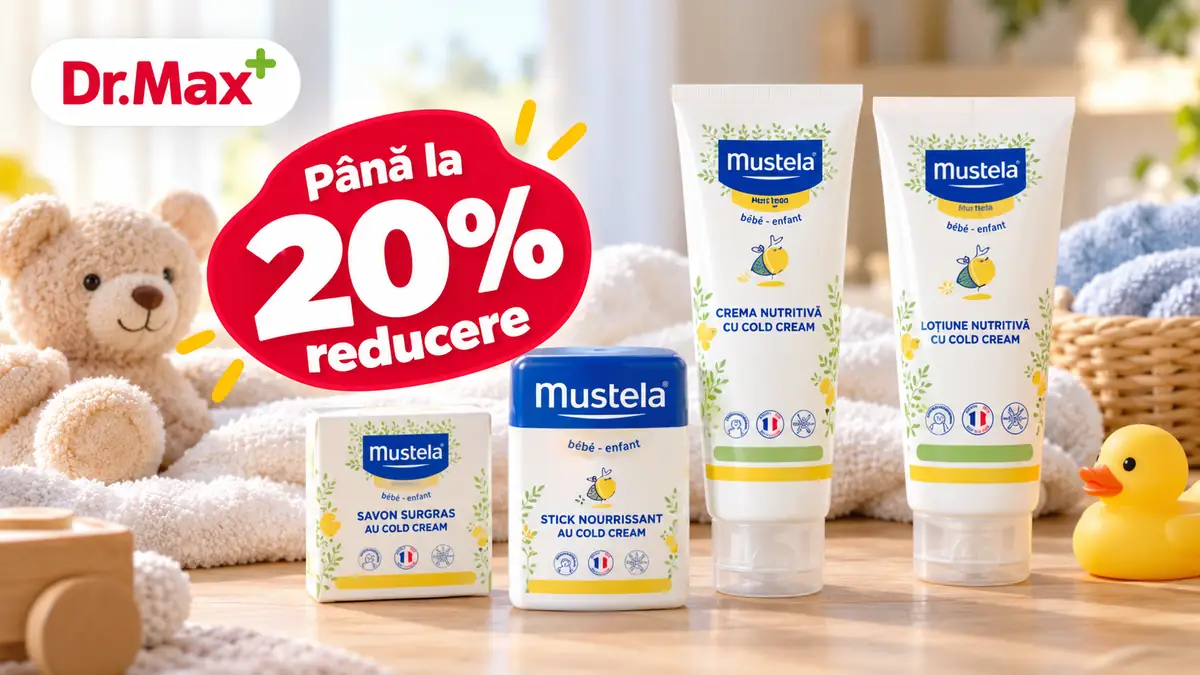 Produse Mustela pentru piele uscată, cu reducere de până la 20% la Dr. Max, alături de accesorii pentru îngrijirea bebelușului.